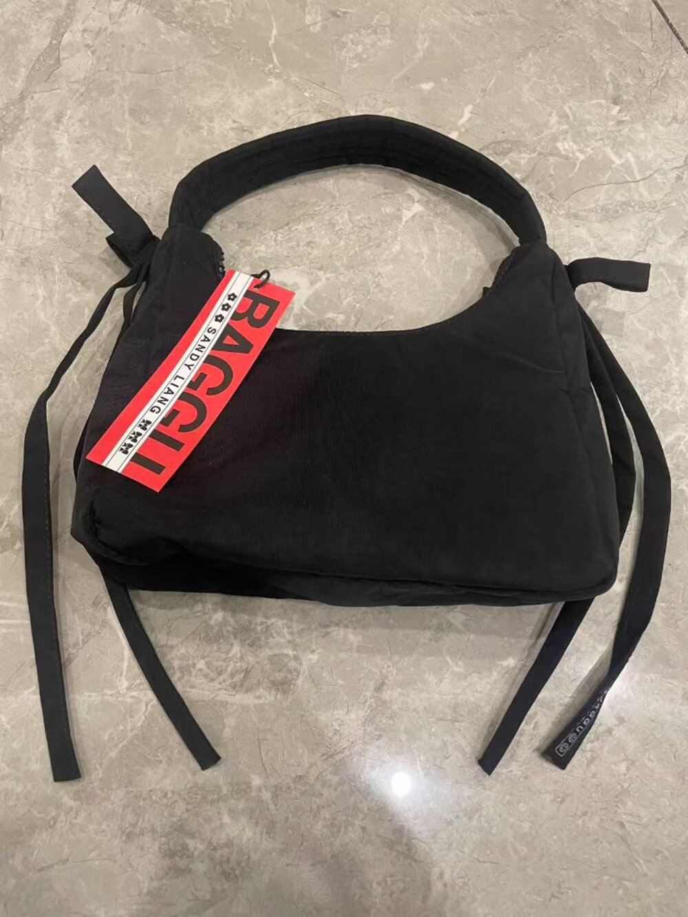 Baggu x Sandy Liang Black Recycled Nylon Bow Hobo Shoulder Bag 11.3x9.3x4.2in - Picture 3 of 7